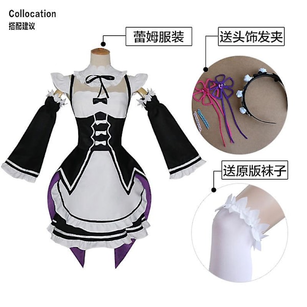 Re-zero Rem Ram Girls Maid Costume Lolita Dress Anime Cosplay Halloween Costume , Sort L