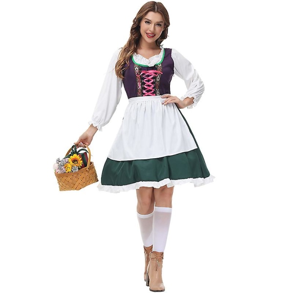 Dirndl Oktoberfest Kostume Alpen National Forklæde Wench Servitrice Cosplay Carnival Halloween Fancy festkjole Green L