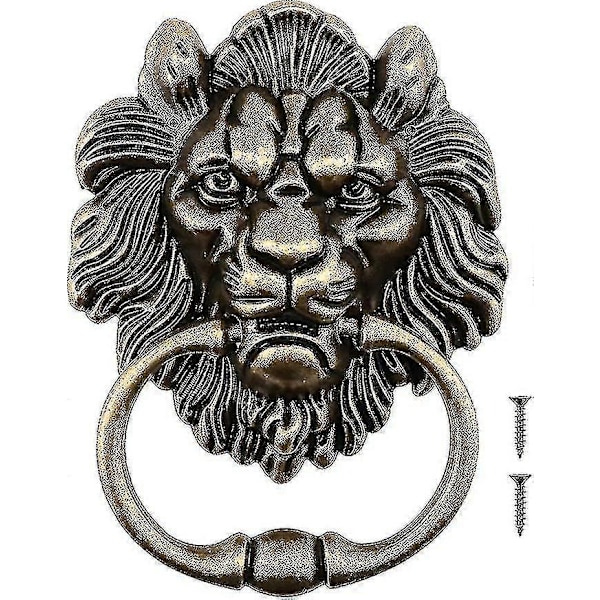 Dekorativ dörrknackare med lejonhuvud och polerade skruvar i bronslegering - Klassisk antik design för ytterdörrar och huvudentréer - 15,8 cm
