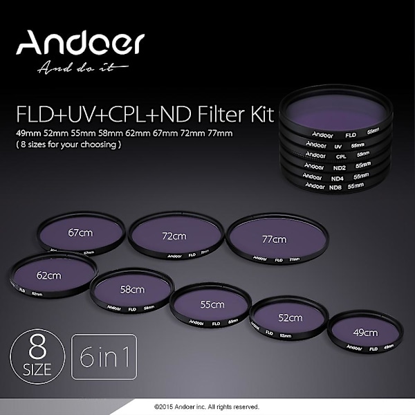 Andoer 55mm UV+CPL+FLD+ND(ND2 ND4 ND8) Fotografi Filter Kit Set Ultraviolett Cirkulärt Polariserande Fl