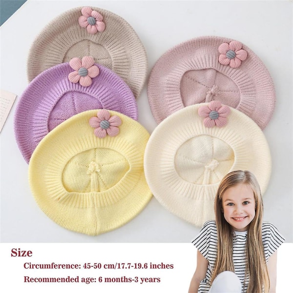 Toddler Vinter Varma Franska Basker Hattar Med Blomma Baby Barn Flickor Hatt Hatt Sticka Ull Konstnär Målare Cap Beige