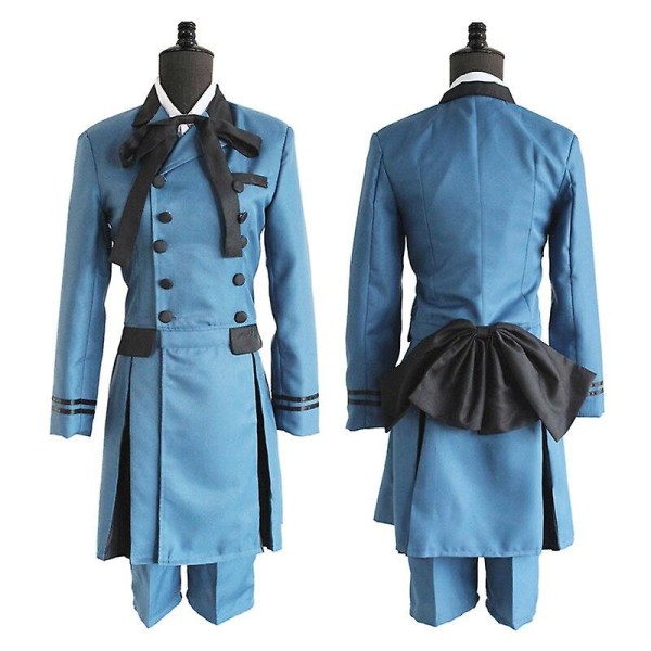 Ny svart Butler Kuroshitsuji Ciel Phantomhive Cosplay-kostyme Aldult Aristocrat Blue Double Breasted Lapel Uniform Set og parykker man XXL