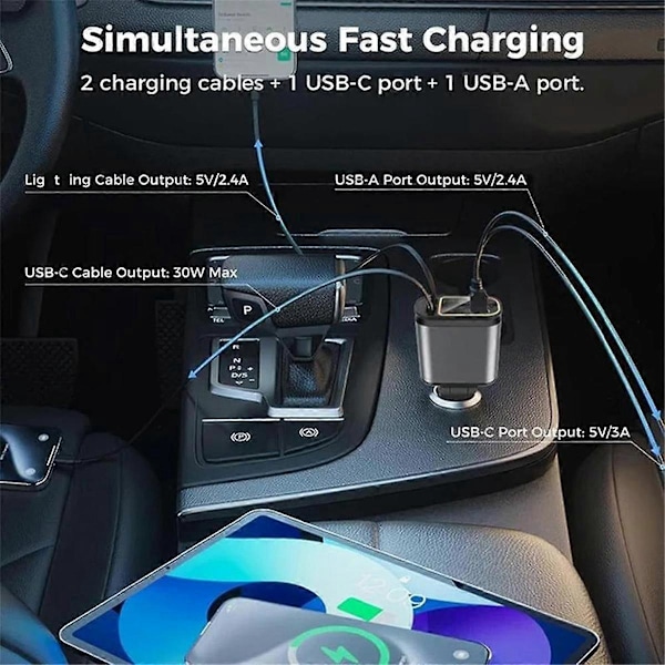 4-in-1 Sisäänvedettävä Autolaturi USB-pikalatauskaapelilla ja Tähtitaivas Auton Kattoilmapiirivalolla
