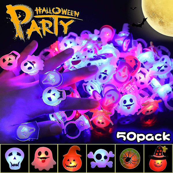 50 kpl Halloween Led Light Up -sormuksia lapsille, pimeässä hehkuvia juhlatarvikkeita Halloween Light Up -leluja herkkupussien täyteaineita
