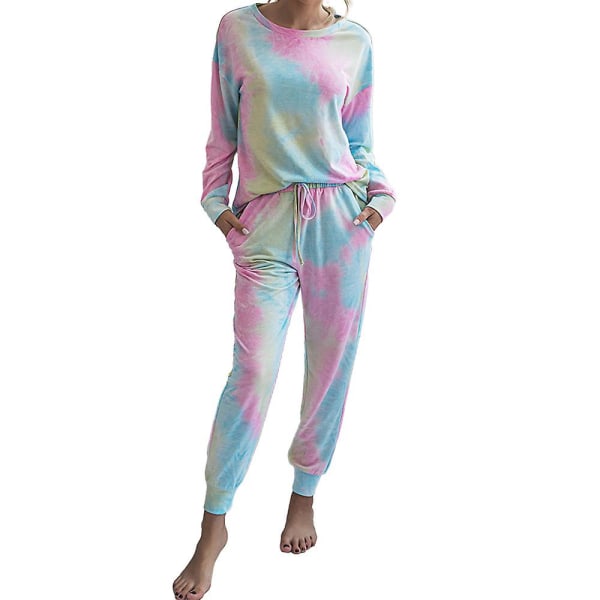 Kvinners slipsfarge fritidsdress Langermet sweatshirt topp + snøringbukser dress uformell joggesalong Blue and Pink L