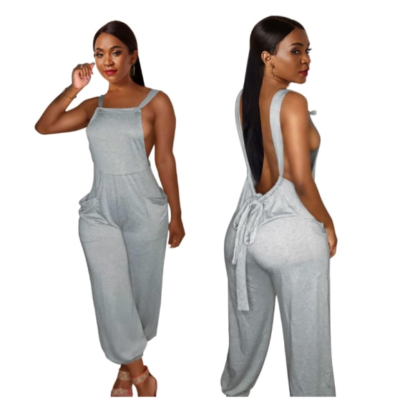 Ny sexig, enfärgad, rygglös hängslen jumpsuit för kvinnor gray L