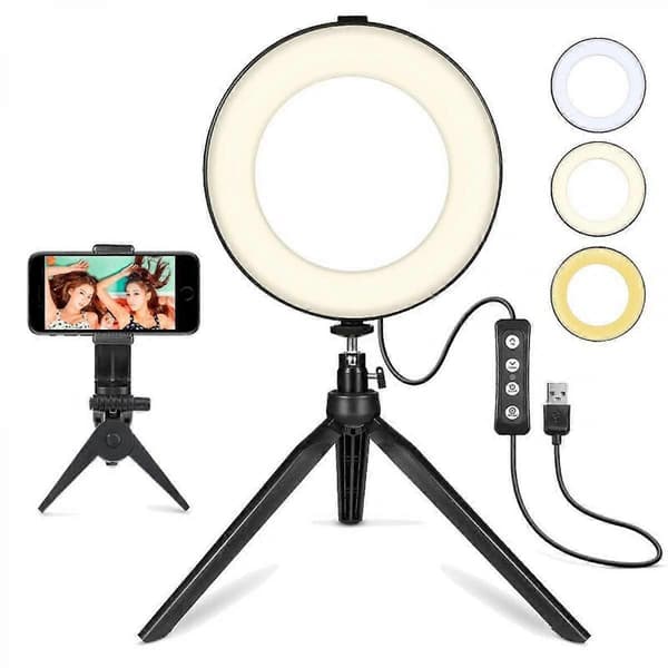 6\" Selfie Ring Light med Stativ, dimbar LED-lampe for Skrivebord, Kamera Ringlys