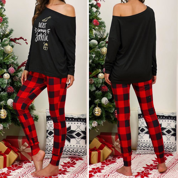 Julebokstavtrykk for kvinner Pyjamassett Juleoverdeler med lange ermer rutete bukser Pyjamas Hjemmeklær Black 2XL