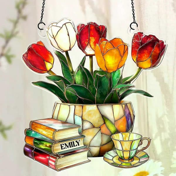 Glassmaleri Tulipan Bøker Te Solfanger, Akryl Vindusdekor, Tilpassbar 20cm