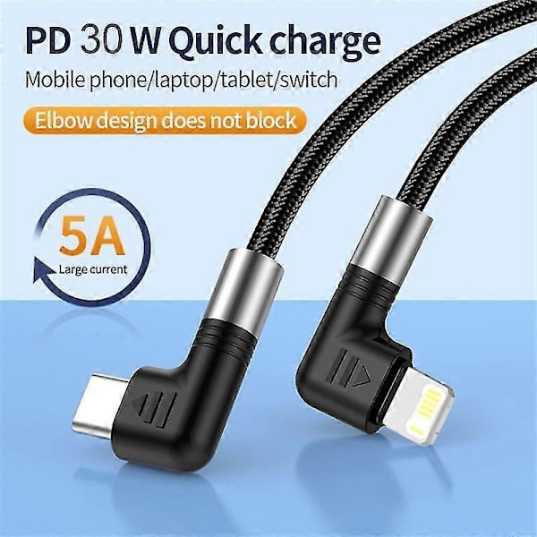 A9 0,5 m Type-C - Lightning 30 W:n pikalatausjohto, kaksoiskulmapistoke, nylonpunottu datakaapeli