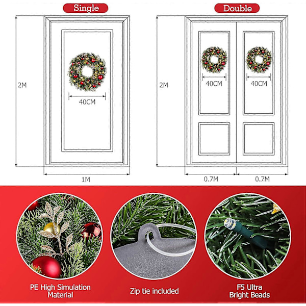 Julkrans, 40 cm LED-kransdekoration Jul med timer för ytterdörr, dörrhängande girlang Lyser upp julkrans