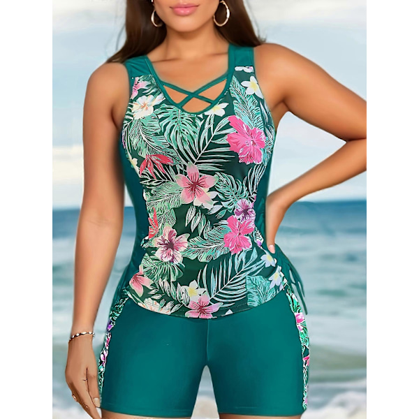 Nya modeller 2-delad tropisk tankini-set - Livfullt blommönster & korsade detaljer - Bekväm medium stretch för strand & pool - Stilfull dammode