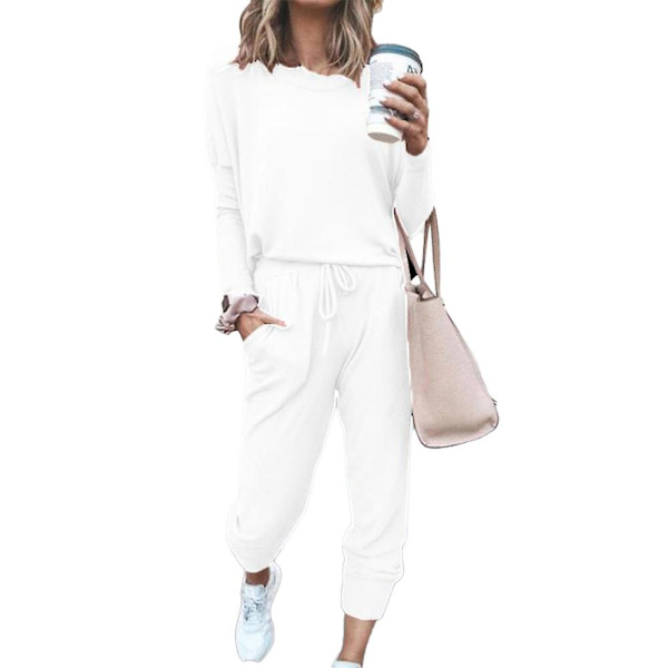 Kvinder Casual Ensfarvet outfits T-shirt toppe + snøre Elastisk talje Jogging joggingbukser Bukser Loungewear Sæt White XL