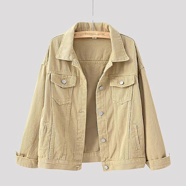 Dam Vår Och Höst Jackor Varm Enfärgad Långärmad Jeansjacka Ytterkläder Khaki S