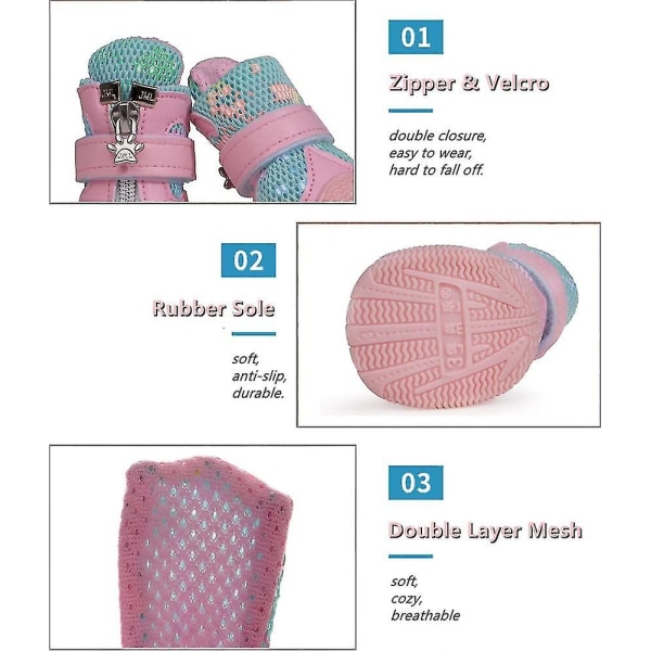 4kpl koiran saappaat hengittävät mesh kesäkoiran kengät liukumattomalla pohjalla retkeilyyn ja juoksuun Size 4 (10-15lb) Pink