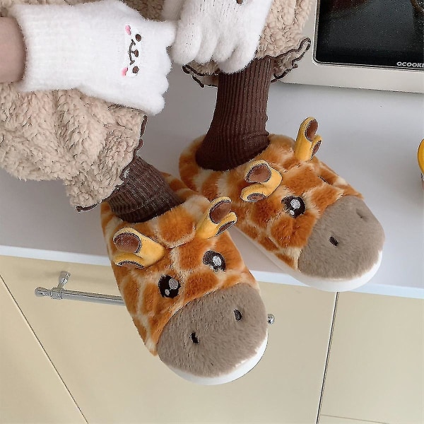 Fashion Home Bomuld Hjemmesko Hyggelig Blød Kort Plys Slides Tegnefilm Giraffe Kvinde Vintersko Indendørs Skridsikker Dame Hjemmesko style 2 40-41(24.5-25CM)