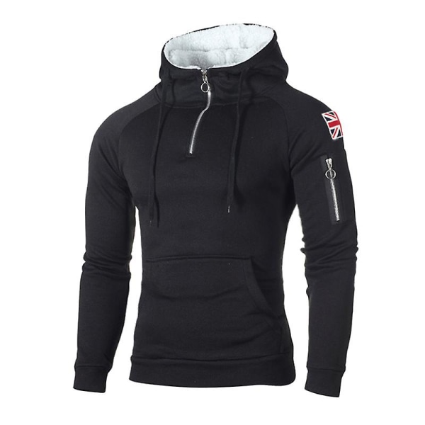 Herre lynlåshals fleeceforet hættetrøje sweatshirts Pullover vinter varm langærmet hættetrøje Activewear toppe Black M