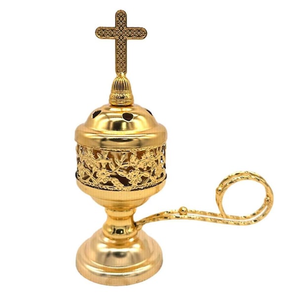 Metal Røgelsebrænder Røgelseskegleholder med kryds Lille messingbelagt røgelsebrænder Bronze katolsk harpiksholder Vintage Desig gold