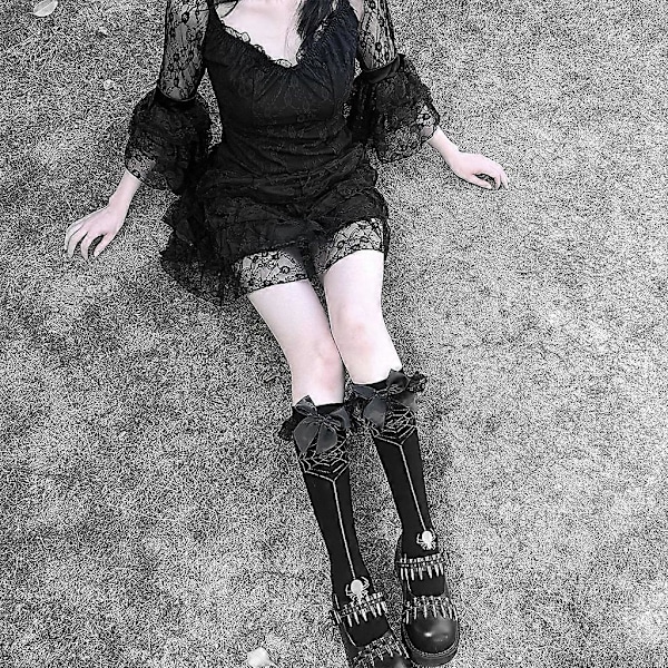 Gotiske Halloween Spider Web Knæhøje Strømper til Kvinder Lolita Flæser Blonde Sløjfe Sorte Strømper Cosplay Strømpebukser Streetwear