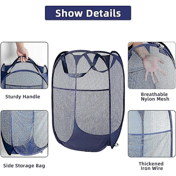 2 stk. Sammenleggbar Pop-up Vaskekurv i Mesh, Stor 77 Liter Sammenleggbar Acsergery Gave