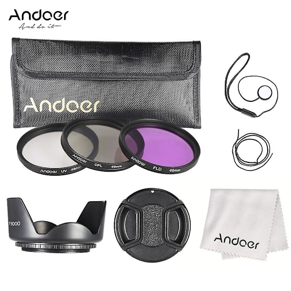 Andoer 49mm Filtersett (UV+CPL+FLD) + Nylon Bæreveske + Objektivdeksel + Objektivdekselholder + Solblender + L
