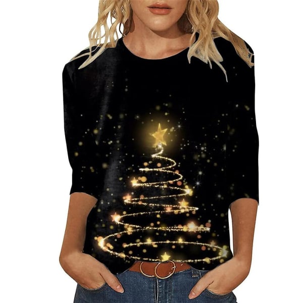 Kvinder juletema trykt T-shirt med trekvart ærmer T-shirt med rund hals Xmas Casual Bluse Pullover Top style 1 S