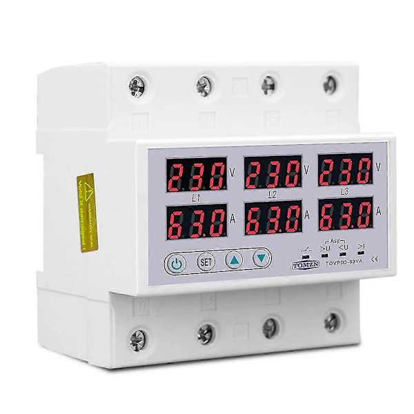 Tomzn Din Skinne 3-faset Spændingsrelæ 3p+n Voltmeter Amperemeter Over- og Underspændingsmonitor Relæer Beskyttelse 63a 230v Med N