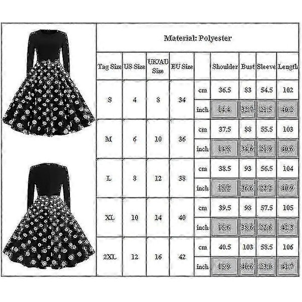 Naisten Retro 50-luvun ja 60-luvun pitkähihainen cocktail-juhlamekko pyöreällä kauluksella ja polka dot -kuviolla, Rockabilly-tyyli