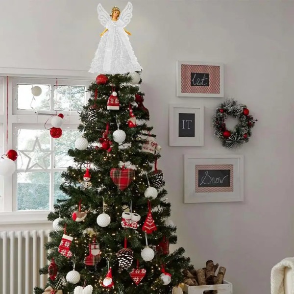 Engle juletræstopper Delikat Elegant juleengletopper med hvide fjervinger 8 tommer engel trætopfigur White