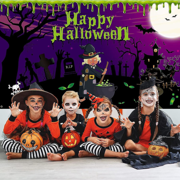 Halloween-banner, Halloween-festdekorasjoner, stort stoff Halloween-bakgrunn Heksegrav Slott Bakgrunnsskilt Plakat Lilla veggdekor for innendørs O