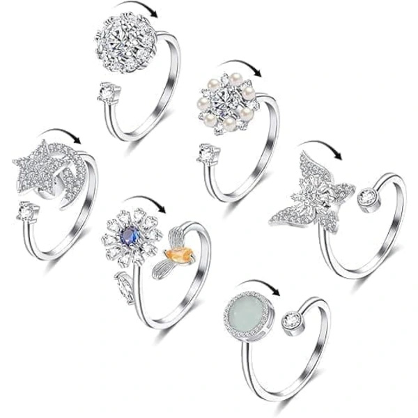 Stressring 6-pak – Justerbar angstring & fidgetring til kvinder Silver 6st