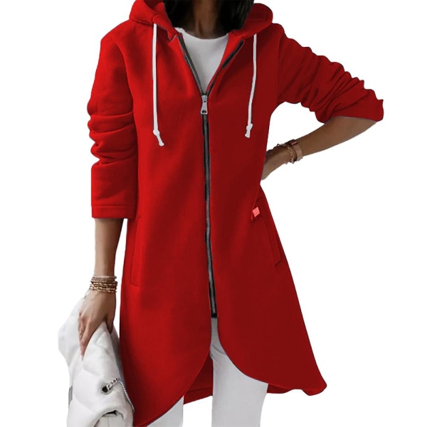 Kvinder Uregelmæssig fuld lynlås lang frakke Casual udendørs efterår langærmet hættejakke Red M