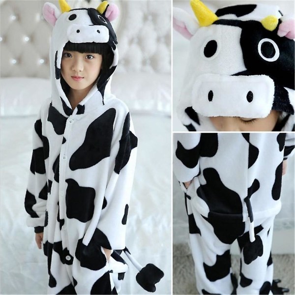 Unisex barn flanell Onesie Pyjamas, Cosplay djurdräkt One Piece Halloween nattkläder Nattkläder för pojkar flickor Cow 7-8Years