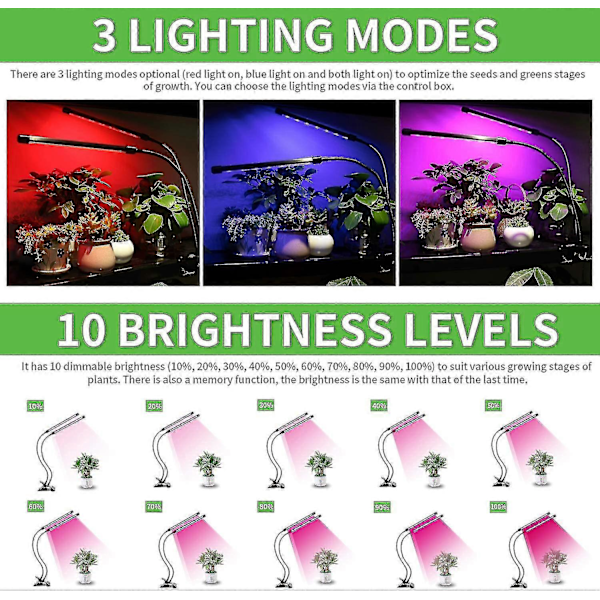 Led-kasvivalo sisäkasveille, kaksoispää 40 Led 10 himmennystasoa Ajastustoiminto 3/9/12h, täyden spektrin kasvivalaisin taimille, 3 kytkintä Mo