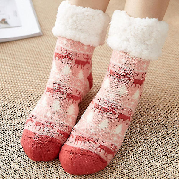 Kvinnors julstrumpor Mid Calf Extra tjock fleecefodrad mjuka golvtofflorstrumpor Pink Deer