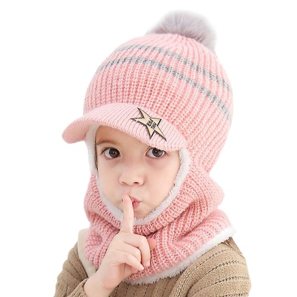 Barn Flickor Pojkar Beanie Neck Warp Hat Med Öronlappar Fleece Stickad Vinter Varm Cap Med Hals Tube Pink