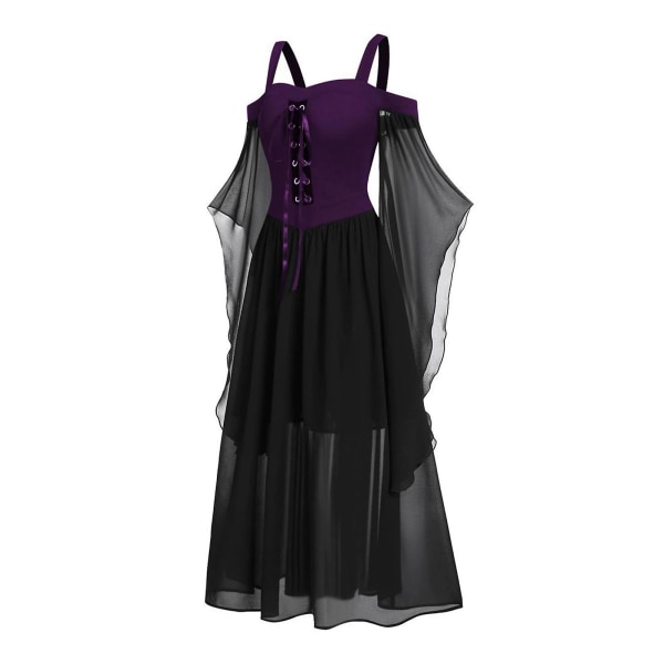 Halloween trompetærmet heks suspendelkjole Simpel One-line halsudskæring Cosplay kjole Purple Black L