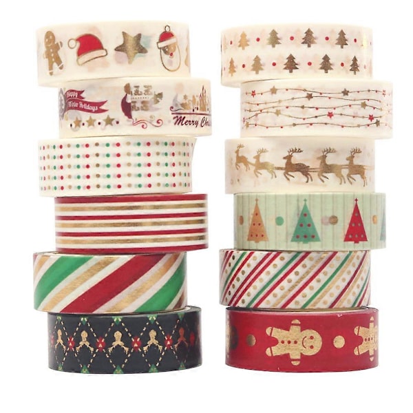 Jul Papperstejp Set 12 Rullar Tejp Set Färgglad Dekoration, Julhelg Design Konst Hantverk Tejp DIY Scrapbook Planering Presentinslagning Tejp Bröllop