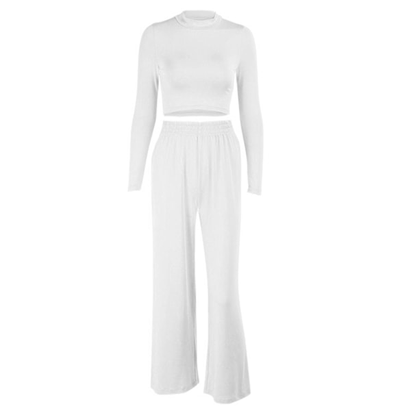 Lounge Set för Dam Långärmad Mock Neck Crop Tops och Vida Ben Set Pyjamasset Casual 2-Dels Outfits Träningsdräkter Vit S