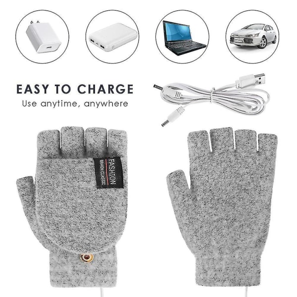 Winter USB Electric Heated Mitten Uppladdningsbara Handskar Hel & Halv Finger Warmer Light Grey