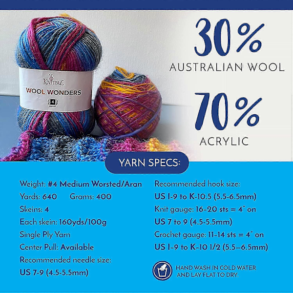 Wool Wonders Självrandande Varierat #4 Medium Tungt Worsted/aran Vikt Tjockt Garn, 30% Australisk Ull Och 70% Akryl, 4 Härvor, 400g/640yds (tran