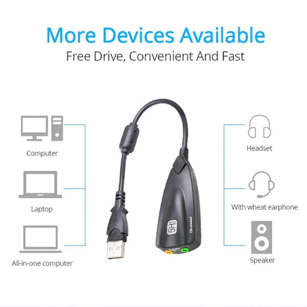 Ulkoinen 7.1-kanavainen USB-äänikortti 3,5 mm:n mikrofonilla Laadukas äänikorttimuunnin Kannettava USB-3,5 mm -sovitin Musta