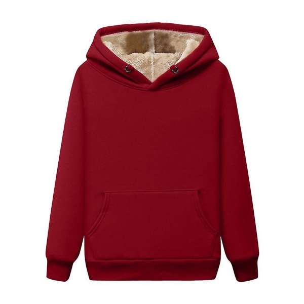 Dam Enfärgad vinter varm fleecefodrad huvtröja Casual Lösa hoodies Pullover Toppar med ficka Red S