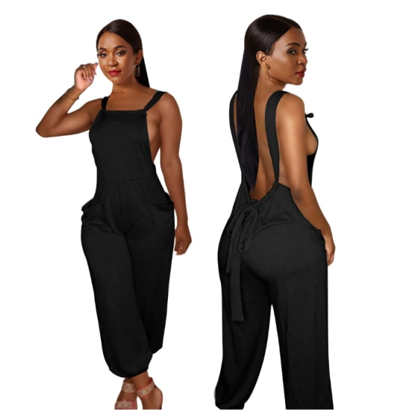 Ny sexig, enfärgad, rygglös hängslen jumpsuit för kvinnor black M