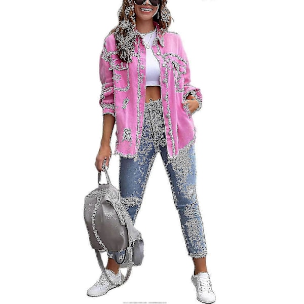 Oversized denimjakke til damer, slidt og med flænger