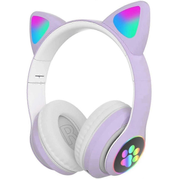 Gaming Headset Mode Bluetooth Kat Øre Led Lysende Trådløst Headset - Lilla
