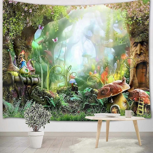 Grön Djungel Gobeläng 150x200cm Skog Väggbeklädnad Fantasi Sagovärld Väggbonad Barnrum Vardagsrum Gobeläng
