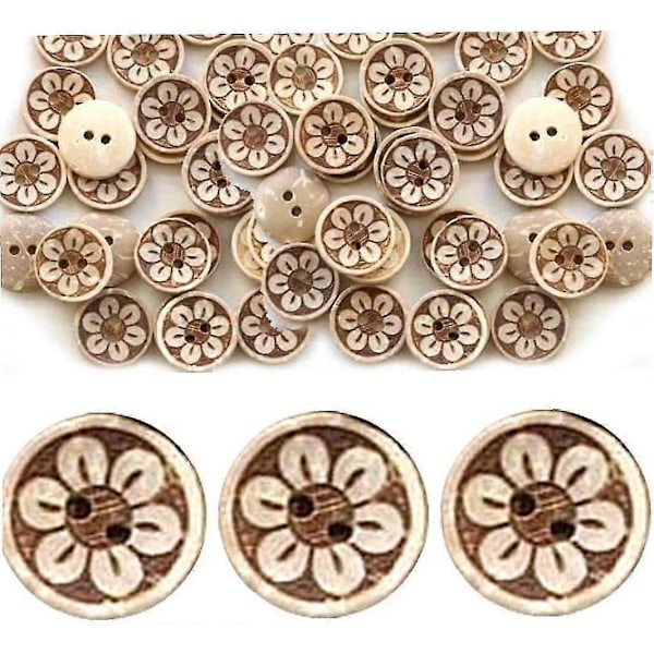 Träknapp med blomstertryck 15mm Handgjord pysselknapp Dekorativ knapp för sömnad med 2 hål för koftor Stickning Scrapbooking (brun100st)