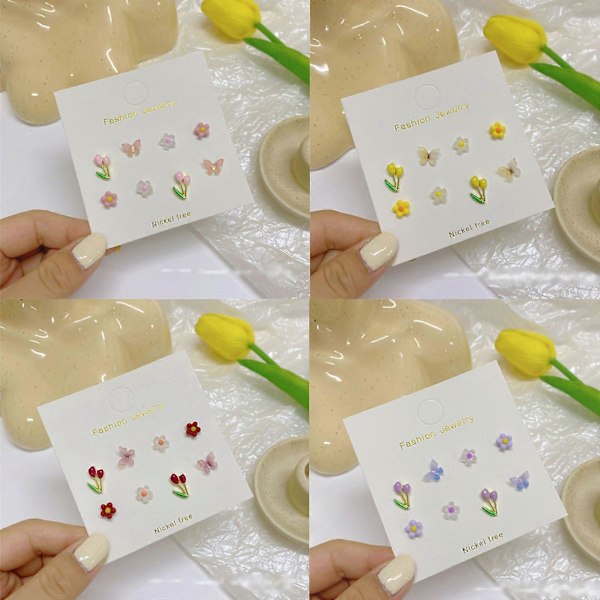 8 st Flickmode Söta Färgglada Akryl Mini Fjäril Blomma Öronstift Örhängen