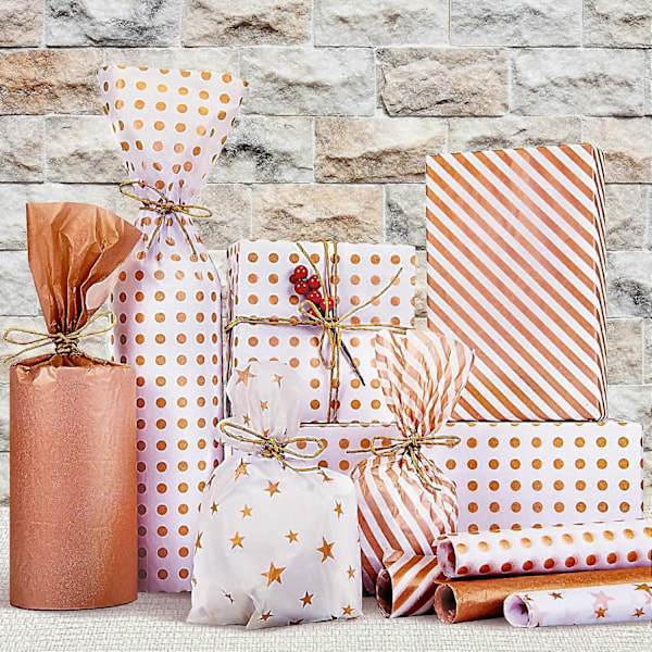 Tunt papper, 120 roséguldfärgade metallpapper, används för bröllop, födelsedag, jul, presentförpackning till fest (50 x 35 cm)